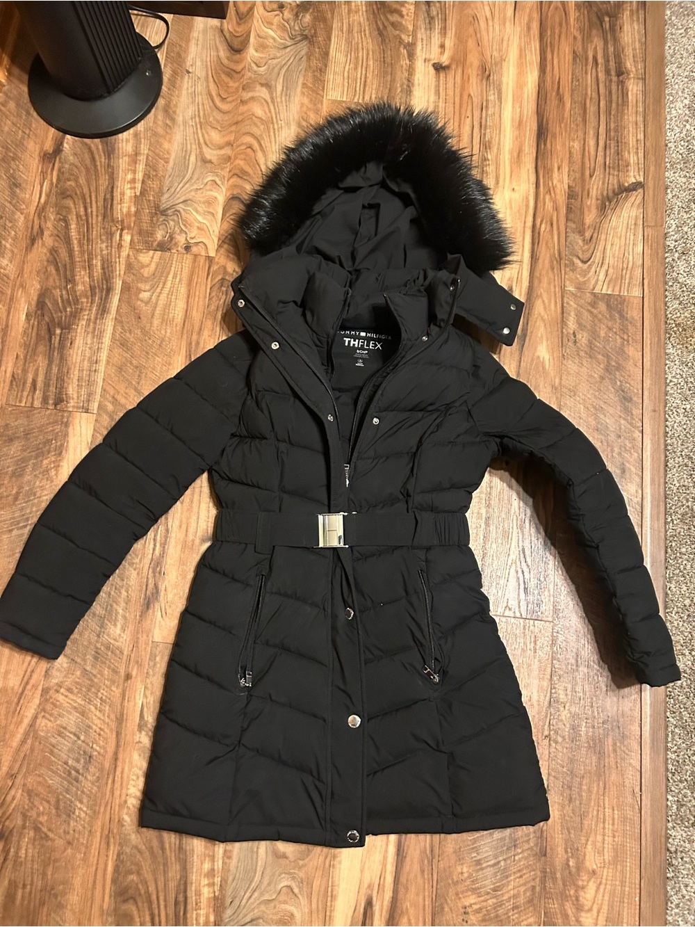 Tommy Hilfiger Black Belted Puffer Coat with Faux Fur Hood